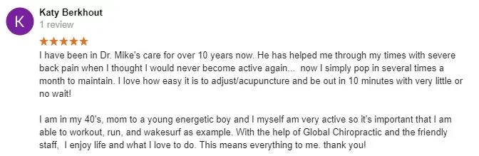 Chiropractic Allen TX Katy Berkhout Testimonial 5-star Google review from Katy praising Global Chiropractic - Allen's chiropractic care and friendly staff.