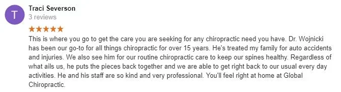 Chiropractic Allen TX Traci Severson Testimonial 5-star Google review from Traci praising Global Chiropractic - Allen's chiropractic care.
